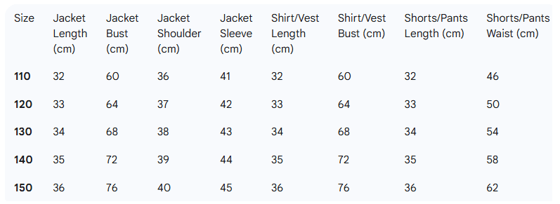Rumi Cosplay Costume for kids Size Chart centimeters