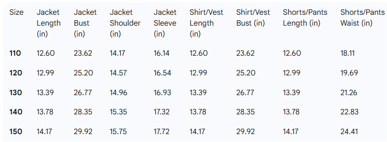 Rumi Cosplay Costume for kids Size Chart inches